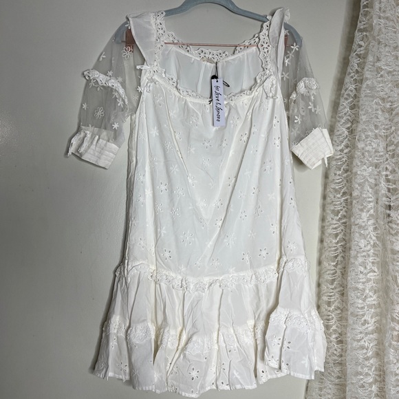 For Love & Lemons Hermosa Eyelet Cute Sweet Mesh Sleeve off Shoulder Dress - Picture 7 of 10